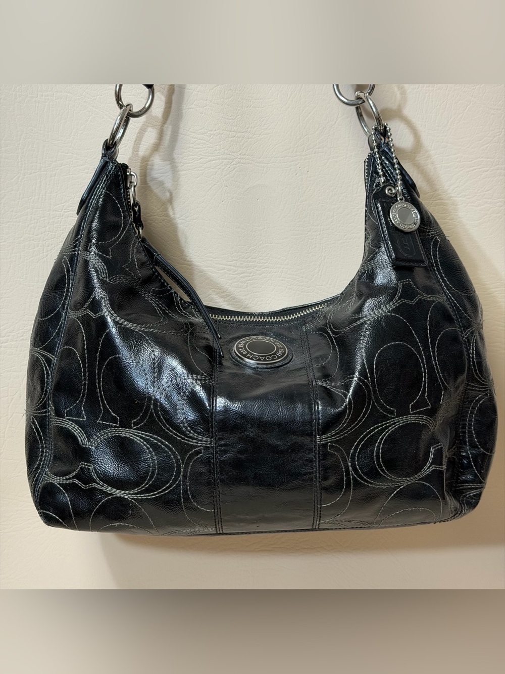 COACH SIGNATURE STITCHED BLACK PATENT LEATHER HOBO BAG STYLE # F19282 - Picture 2 of 10